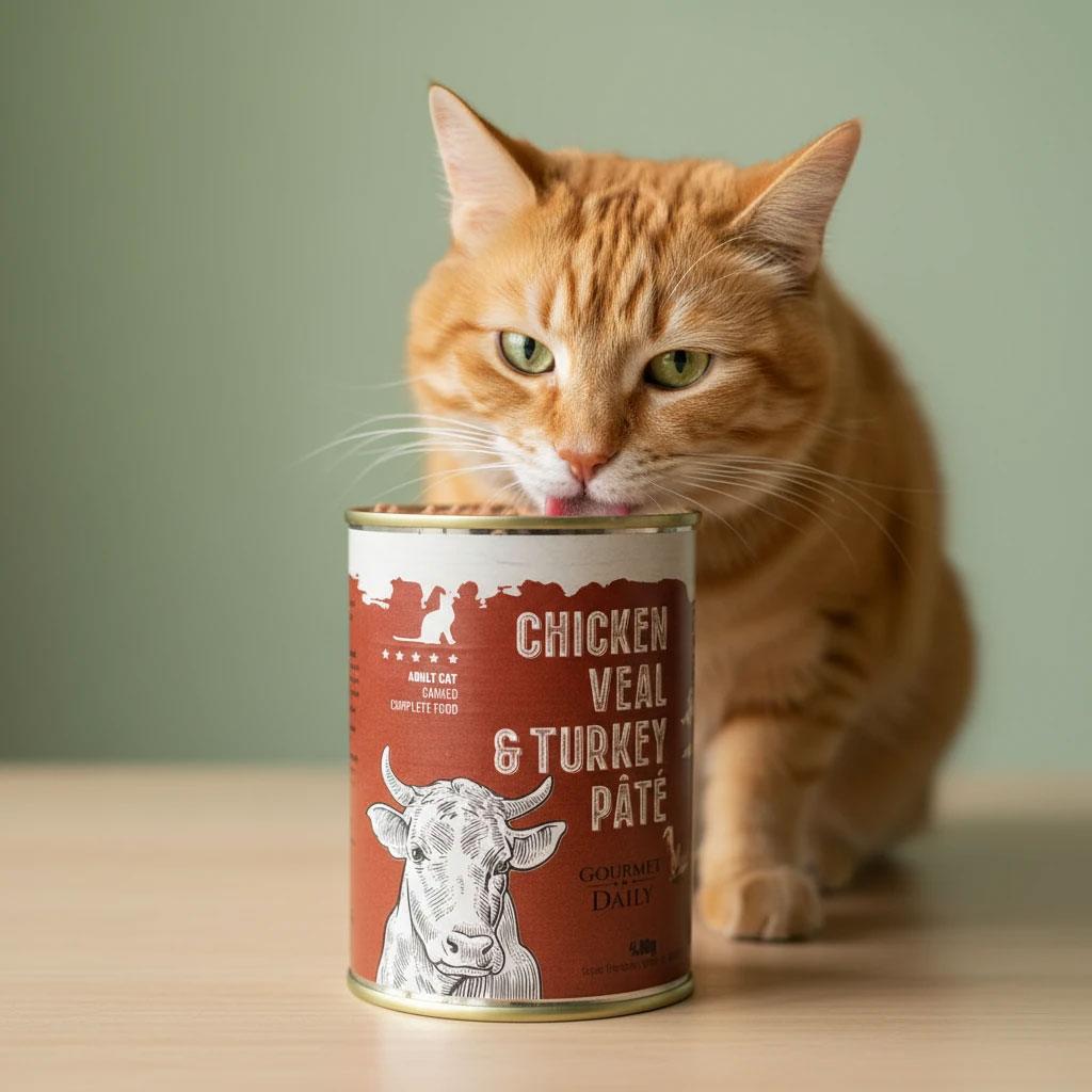 کنسرو پاته ۴۰۰ گرمی گربه (خمیری) با طعم گوشت قرمز و مرغ و بوقلمون