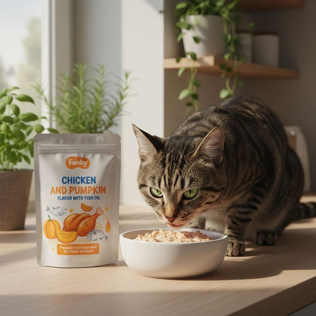 پوچ درمانی فنبی طعم مرغ و کدو طنبل به همراه روغن ماهی