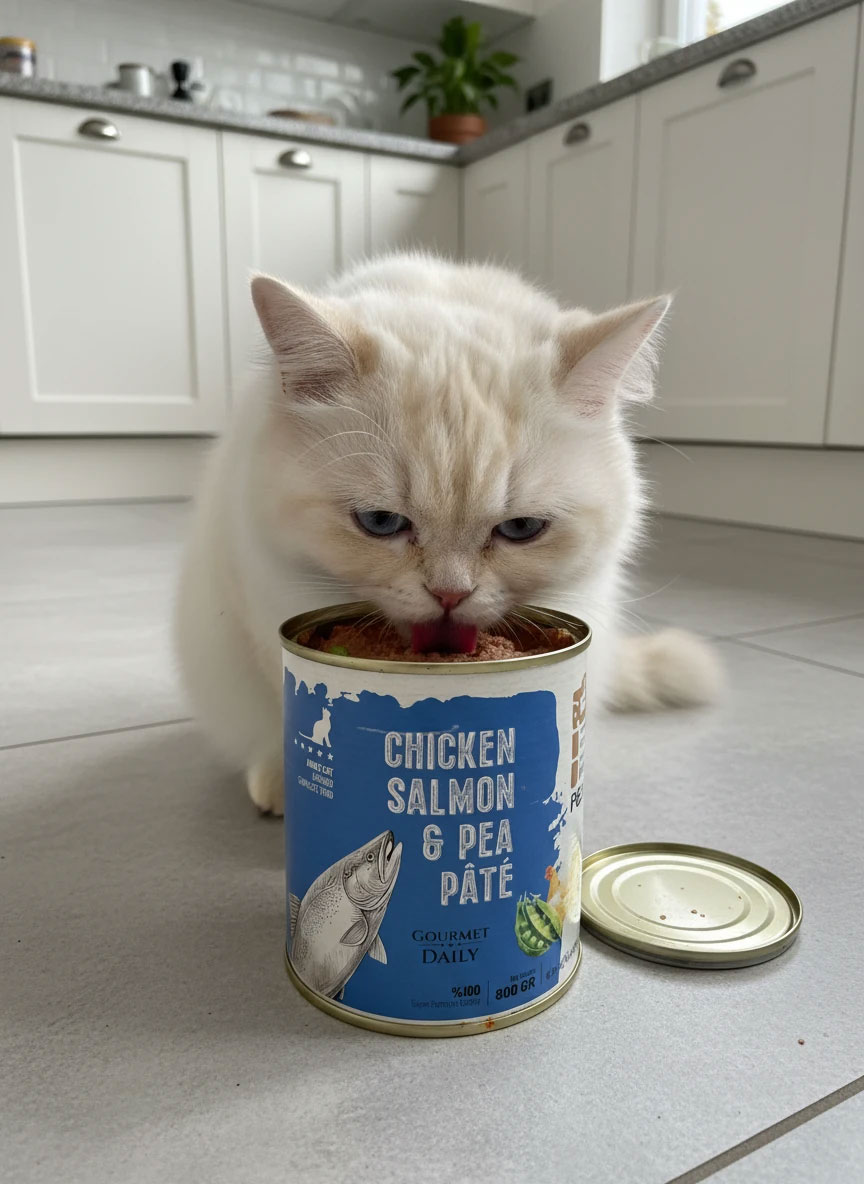 کنسرو ۸۰۰ گرم dps پاته گربه (خمیری) با طعم میکس ماهی و مرغ و نخودفرنگی